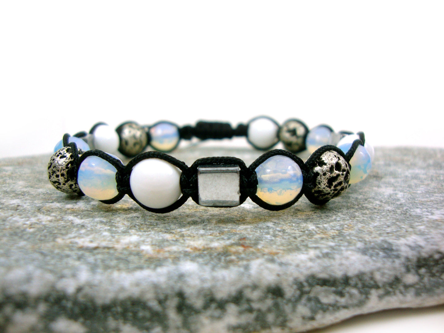 Natural Silver Color Volcanic Lava - Moonstone - Hematite-White Onyx 8mm Gemstone Bracelet, Men Women Unisex Bracelet, Shamballa  Bracelet