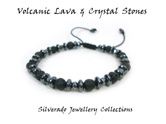 Volcanic Lava 6mm & Black Crystal 4mm Stones Gemstone Adjustable Bracelet, Men Women Unisex Bracelet, Black Round Lava Boho Macrame Bracelet
