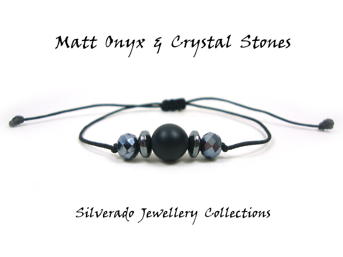 Matt Black Onyx &amp; Crystal Stones Cord Bracelet réglable, Bracelet grec décontracté d'amitié minimaliste à la mode moderne, Cadeau pour lui, Onyx