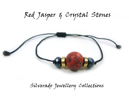 Matt Red Jasper & Crystal Stones Cord Adjustable Bracelet, Modern Minimalist Friendship Casual Greek Cord Bracelet, Gift For Him Her Jasper