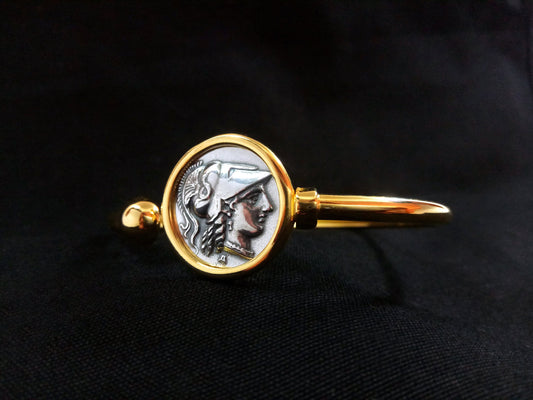 Sterling Silver 925 Goddess Athena Gold Bangle Greek Coin 21mm Cuff Bracelet, Greek Silver Bracelet, Griechischer Gold Silber Brassard