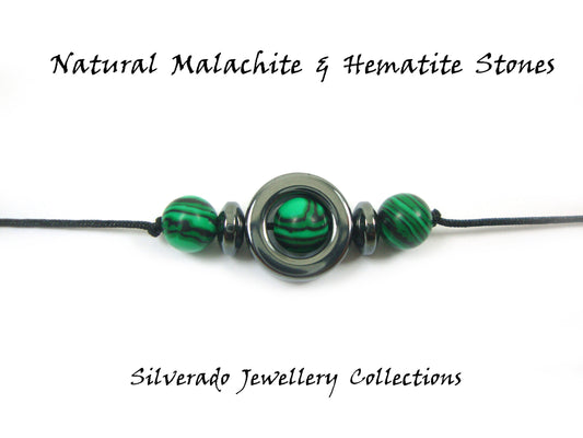 Natural Green Malachite & Hematite Stones Cord Adjustable Trendy Bracelet, Malachite Stones Men Mens Women Unisex Macrame Cord  Bracelet