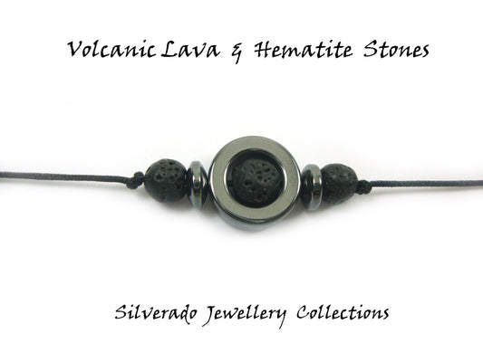 Natural Volcanic Lava & Hematite Stones Cord Adjustable Trendy Bracelet, Lava Stones Men Mens Women Unisex Macrame Cord  Bracelet