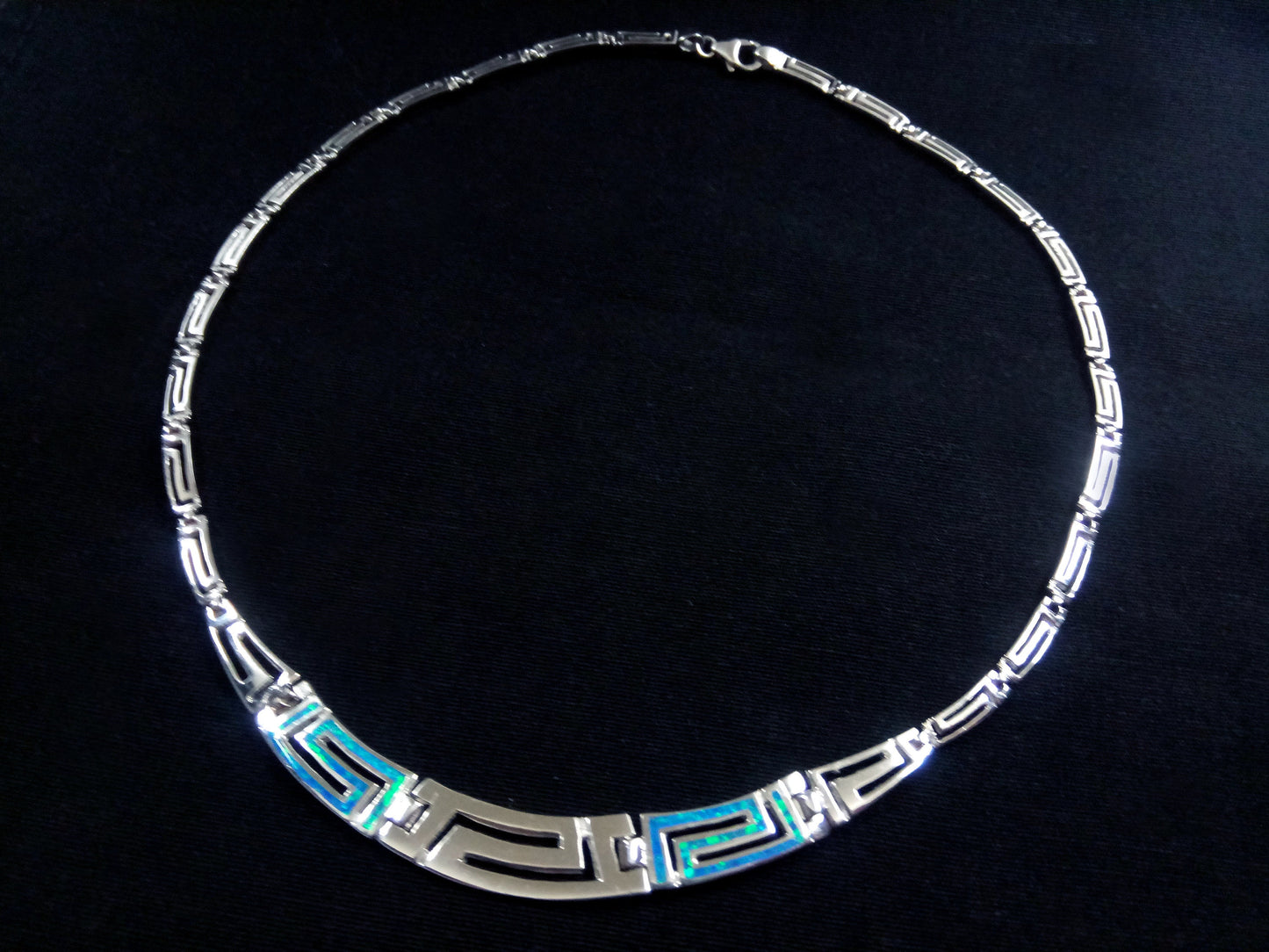 Sterling Silver 925 Fire Rainbow Blue Opal Ancient Greek Key Meander Gradual Opal Necklace 44cm-17.16",Griechischer Opal Silber Kette