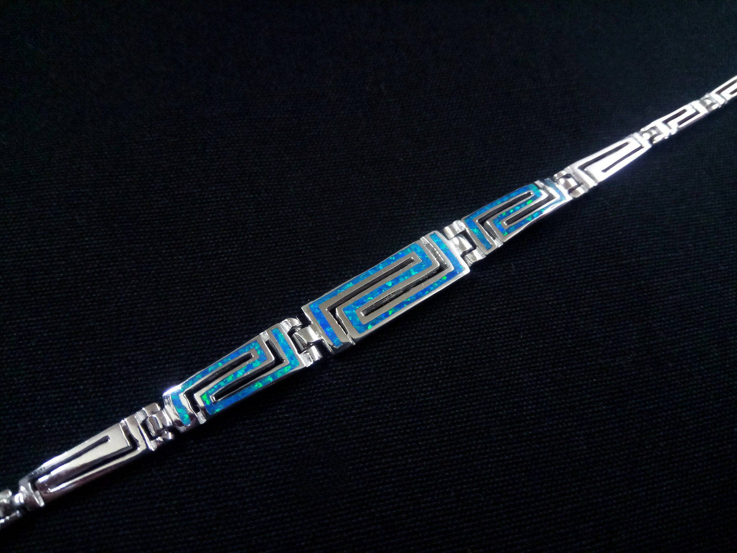 Sterling Silver 925 Greek Gradual Bracelet, Fire Rainbow Blue Opal Bracelet 19cm, Griechischer Blau Opal Armband, Bracelet Bijoux Grecque