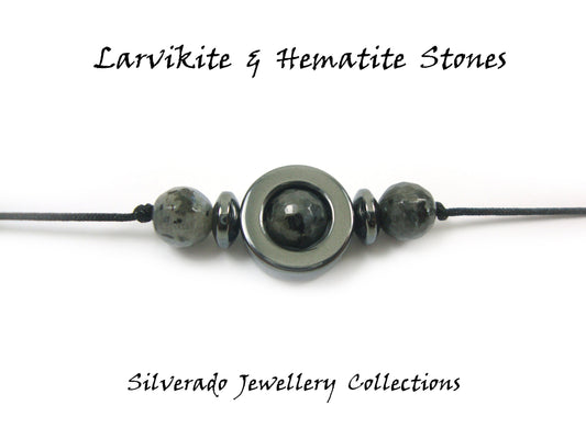 Natural Larvikite & Hematite Stones Cord Adjustable Trendy Bracelet, Larvikite Stones Men Mens Women Unisex Macrame Cord Spiritual Bracelet