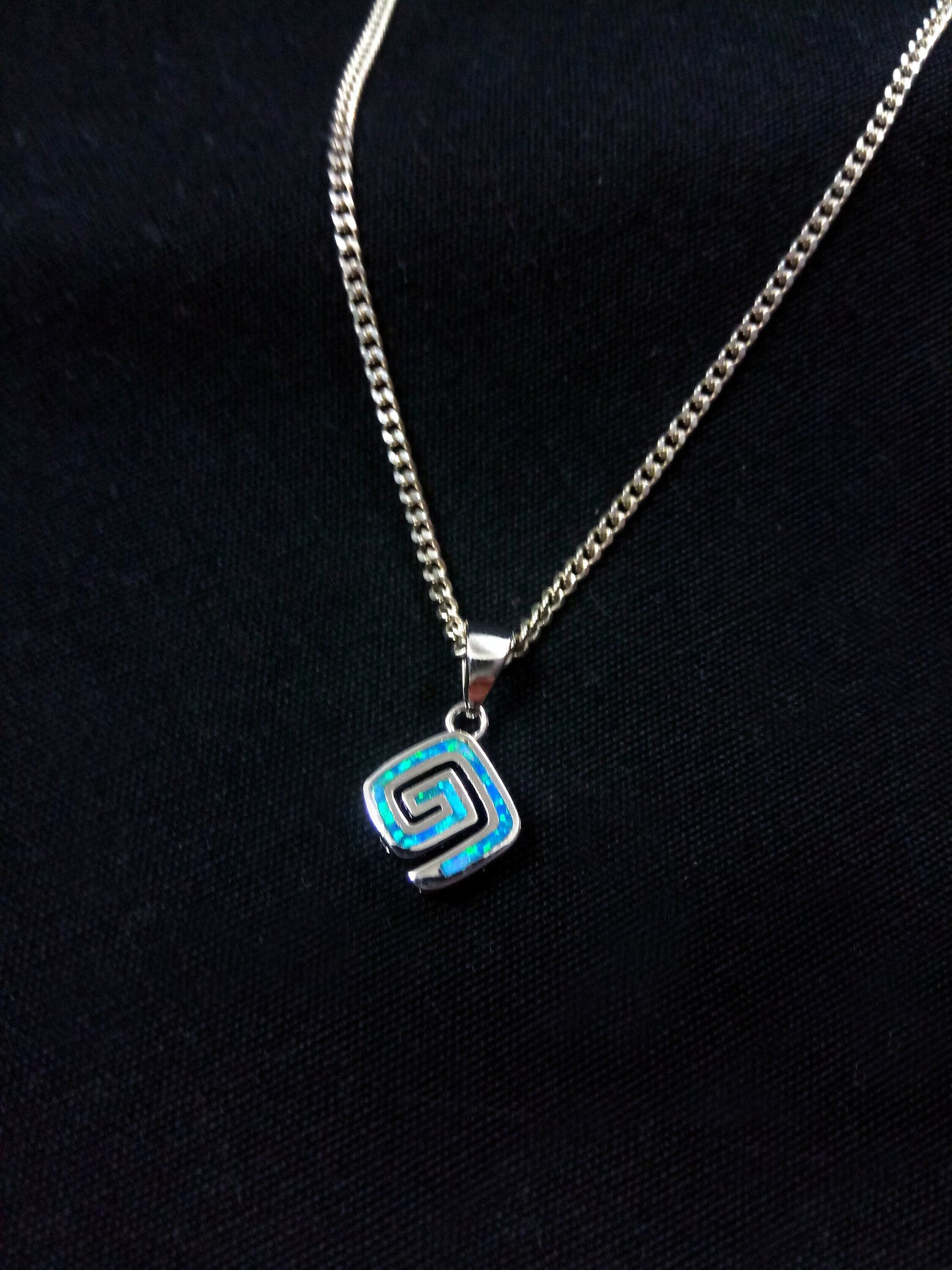 Sterling Silver 925 Fire Rainbow Blue Opal Greek Meander Small Pendant 10x10mm, Ancient Greek Square Infinity Opal Pendant, Opal Jewelry
