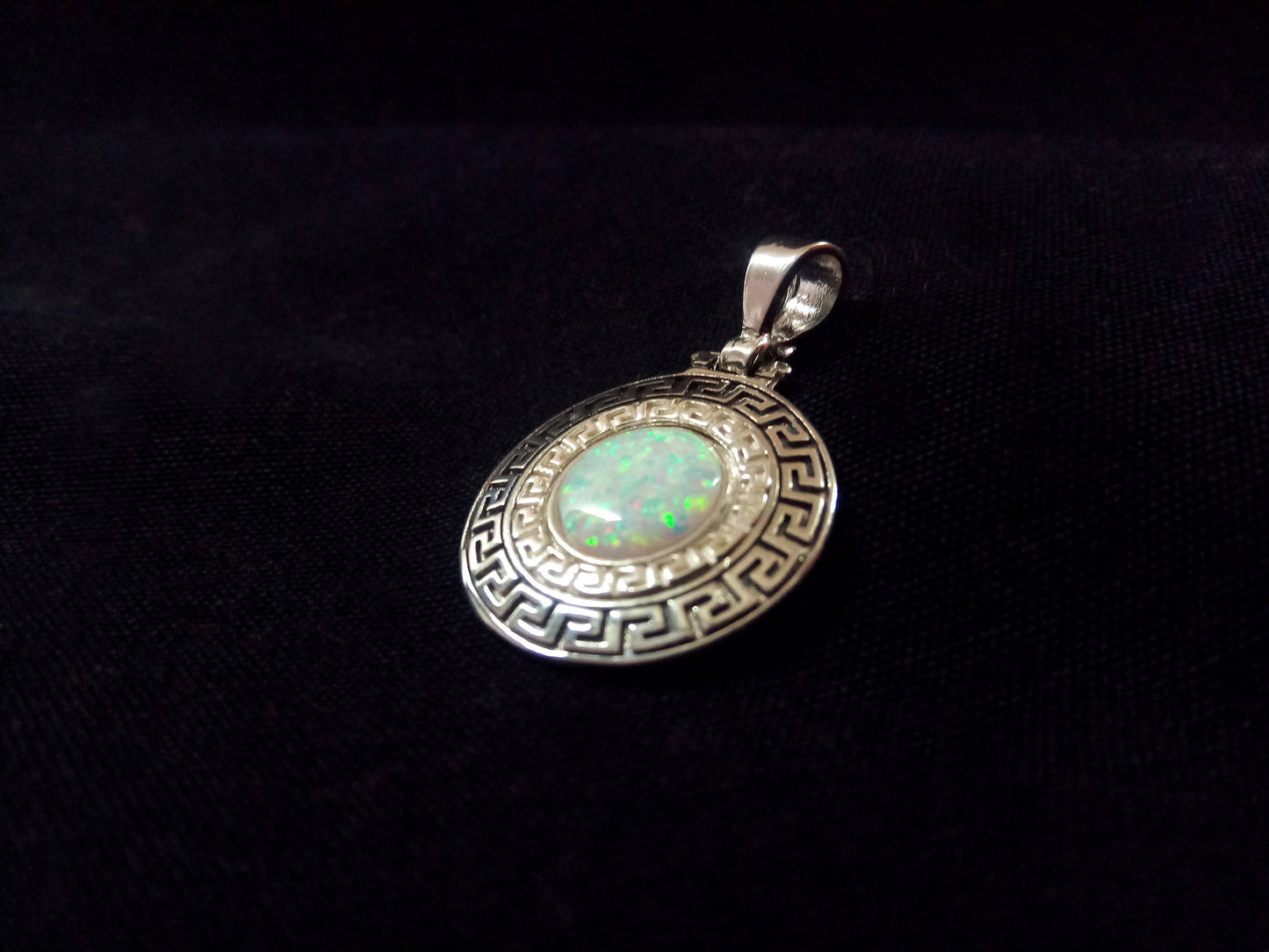 Sterling Silver 925 Fire Rainbow White Opal Greek Key Meander Round Shape Pendant 21mm, Ancient Greek Infinity Opal Pendant, Opal Stones