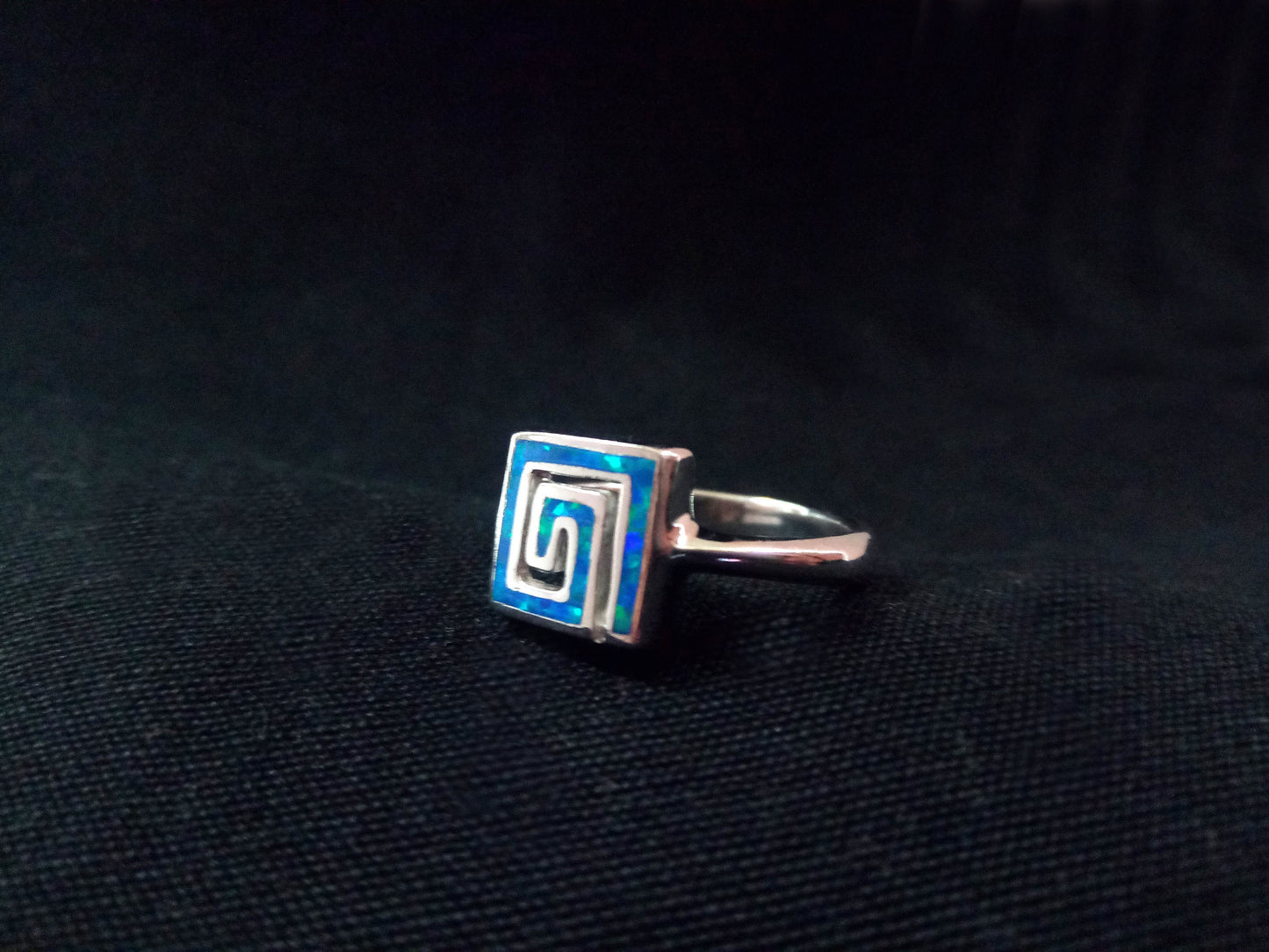 Sterling Silver 925 Meander Opal Square Ring, Greek Key Blue Opal Ring US8, Greek Opal Jewelry, Griechisches Opal Silber Ring, Bague Grecque