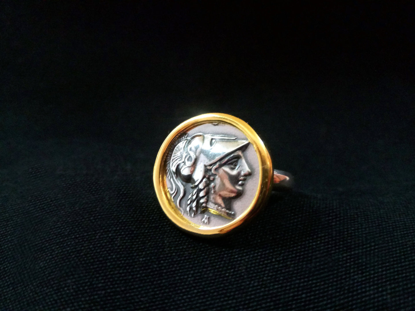 Gold-plated ring featuring the intricate Ancient Greek Goddess Athena motif, symbolizing wisdom and strength. Width of 21 mm. Marked with 925 stamp. Crafted in Greece. Free shipping.