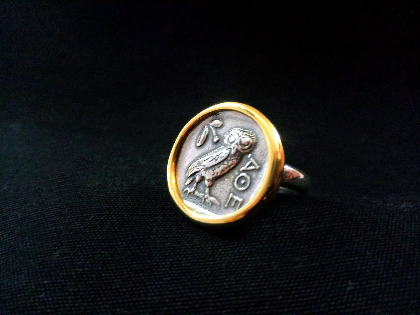 Sterling Silver 925 Ancient Greek Owl Gold Plated Coin Ring 21mm, Greek Owl Silver Ring, Griechischer Silber Gold Ring, Bijoux Grecque Grece