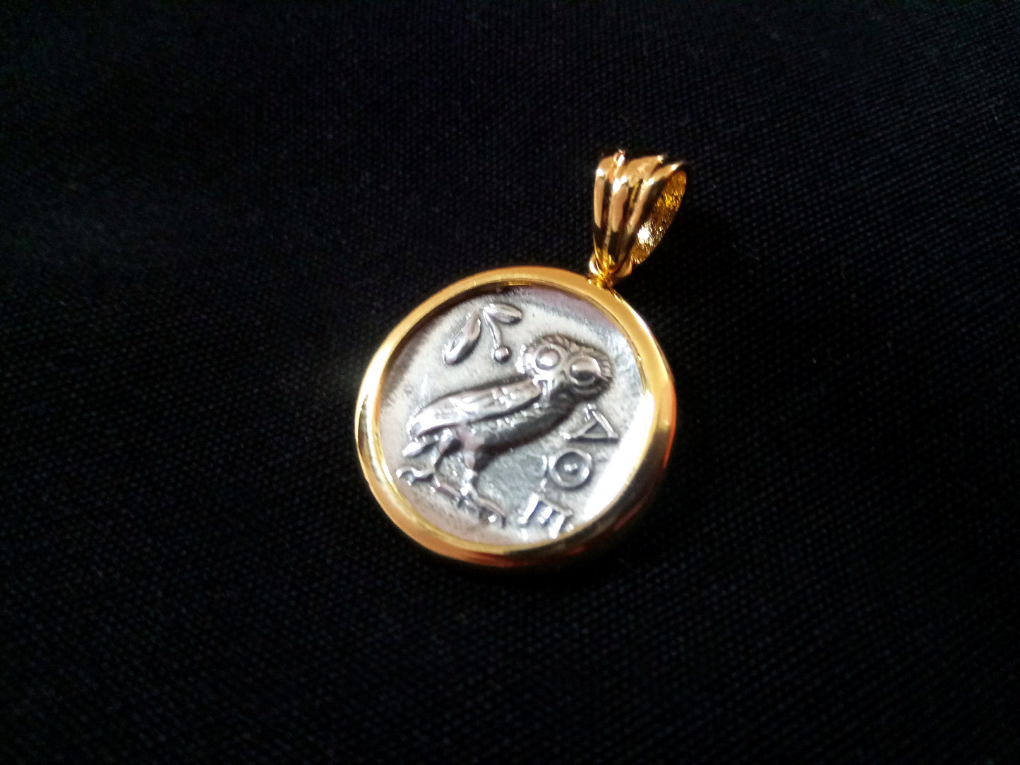 Sterling Silver 925 Greek Owl Gold Plated 21 mm Greek Pendant, Greek Jewelry Owl Pendant, Griechische Vergoldete Eule Anhanger Schmuck