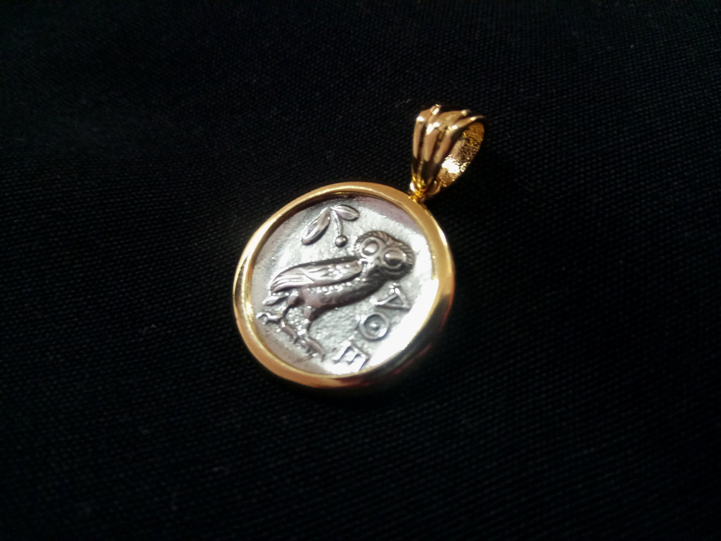 Sterling Silver 925 Greek Owl Gold Plated 21 mm Greek Pendant, Greek Jewelry Owl Pendant, Griechische Vergoldete Eule Anhanger Schmuck