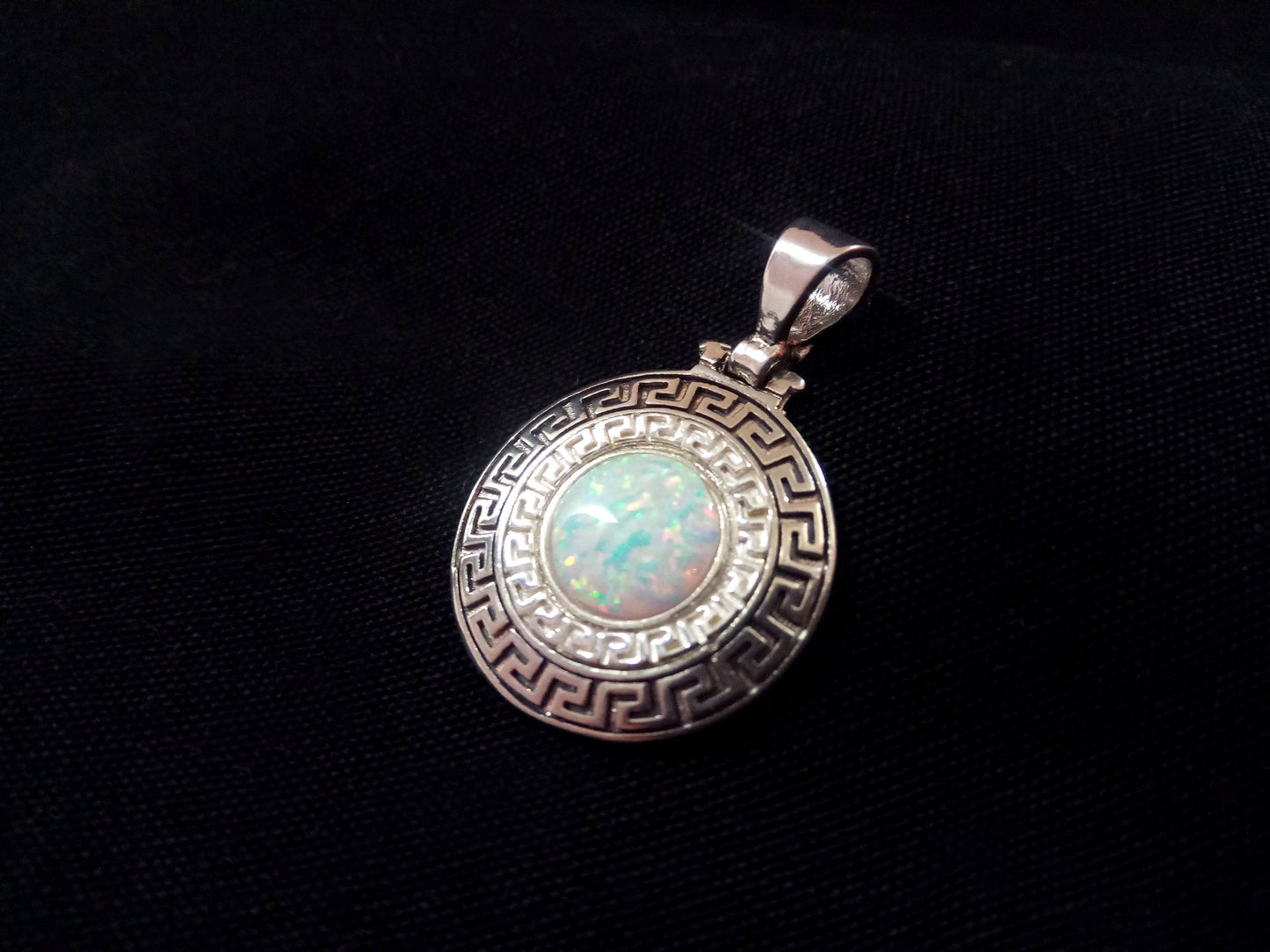 Sterling Silver 925 Fire Rainbow White Opal Greek Key Meander Round Shape Pendant 21mm, Ancient Greek Infinity Opal Pendant, Opal Stones