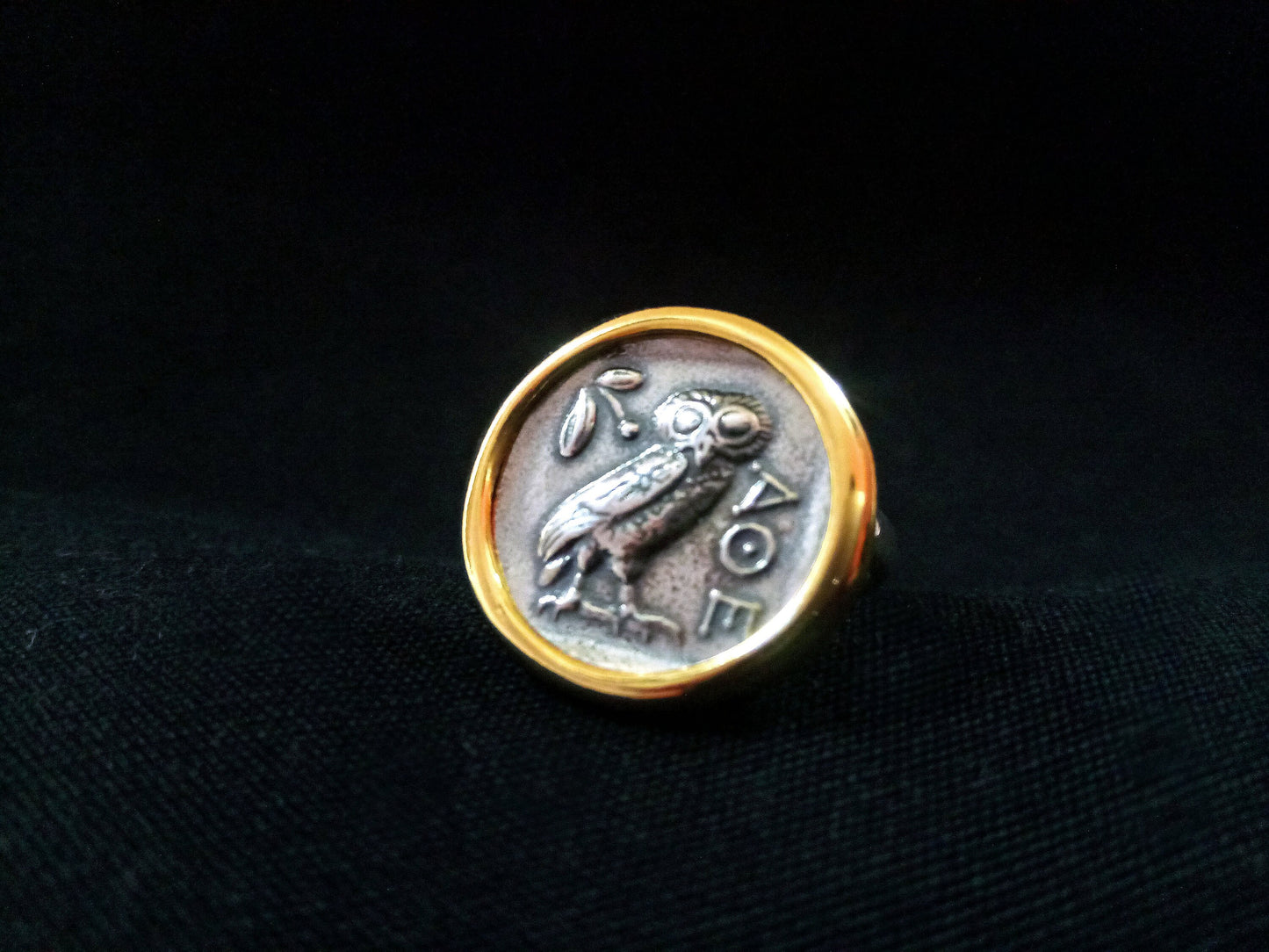 Sterling Silver 925 Ancient Greek Owl Gold Plated Coin Ring 21mm, Greek Owl Silver Ring, Griechischer Silber Gold Ring, Bijoux Grecque Grece