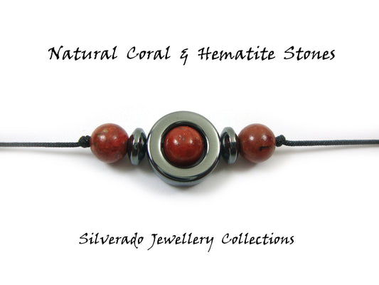 Natural Red Coral & Hematite Stones Cord Adjustable Trendy Bracelet, Coral Stones Men Mens Women Unisex Macrame Cord  Bracelet