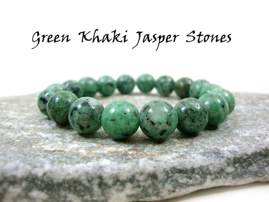 Bracelet de pierres de jaspe kaki vert naturel 10mm, bracelet de jaspe, bracelet de jaspe vert, bracelet de femmes d'hommes de pierres rouges, brassard de Jasper Stein