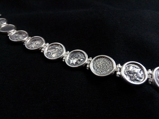 Sterling Silver 925 Ancient Greek Alexander Phaistos Athena Owl Macedonia Sun Coin Bracelet 19cm - 7.41 inches, Griechischer Silber Armband