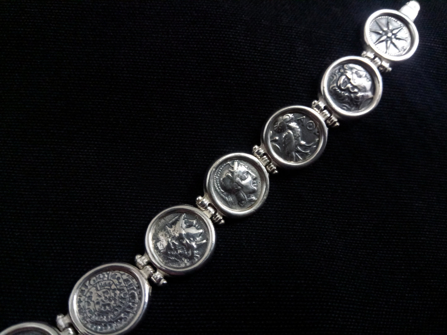 Sterling Silver 925 Ancient Greek Alexander Phaistos Athena Owl Macedonia Sun Coin Bracelet 19cm - 7.41 pouces, Griechischer Silber Armband