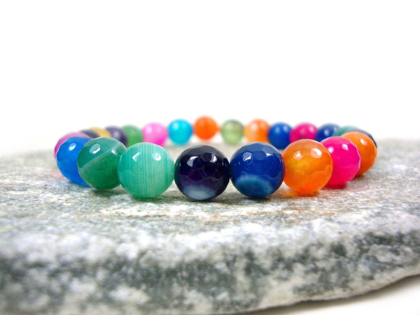 Natural Multicolor Agate Stones 8mm Bracelet, Red Green Blue Purple Orange Pink Agate Gemstone Bracelet, Mens Womens Unisex Gift Bracelet