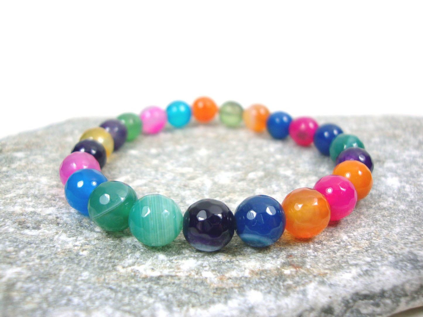 Natural Multicolor Agate Stones 8mm Bracelet, Red Green Blue Purple Orange Pink Agate Gemstone Bracelet, Mens Womens Unisex Gift Bracelet