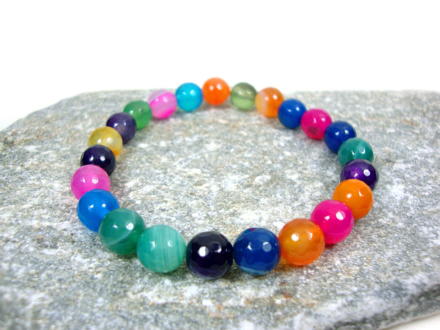 Natural Multicolor Agate Stones 8mm Bracelet, Red Green Blue Purple Orange Pink Agate Gemstone Bracelet, Mens Womens Unisex Gift Bracelet