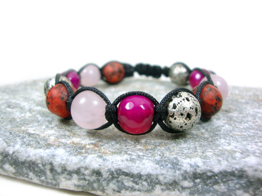 Bracelet de pierres précieuses de 10 mm de quartz rose-jaspe rouge-jaspe-rouge de lave-rubis naturel, bracelet unisexe hommes femmes, bracelet réglable de pierres précieuses