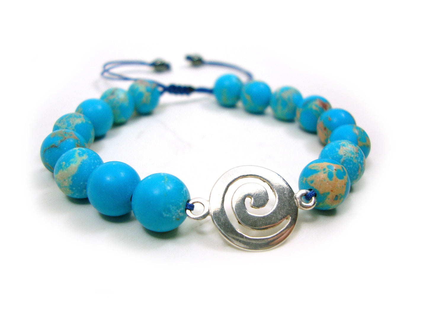 Sterling Silver 925 Ancient Greek Spiral Infinity Key & Earth Blue Natural Agate Stones 8mm Macrame Bracelet, Agate Stein Armband
