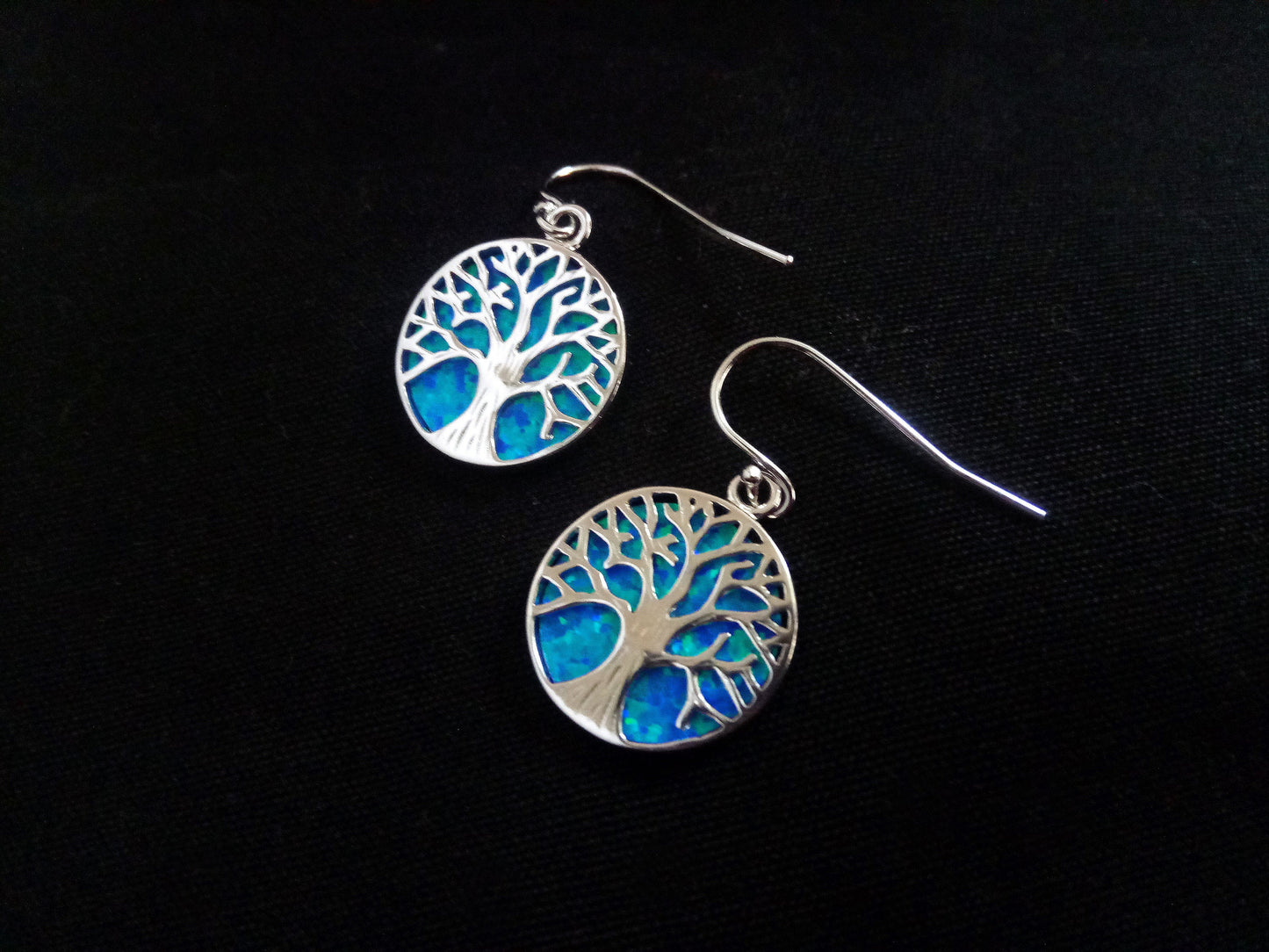 Sterling Silver 925 Fire Blue Opal Tree Of Life Dangle Earrings 18mm, Greek Opal Round Earrings, Greek Jewelry, Griechischer Opal Ohrringe