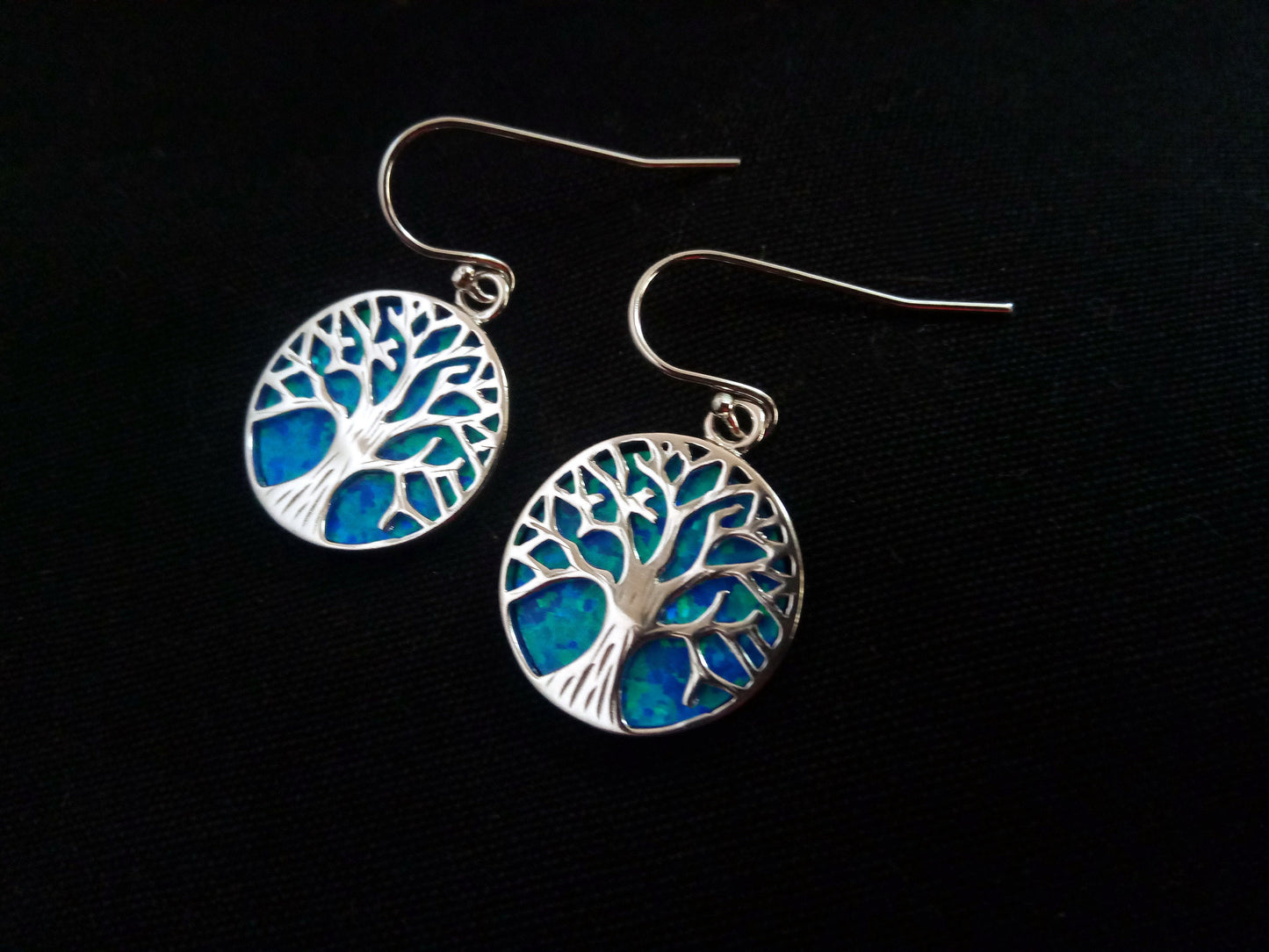 Sterling Silver 925 Fire Blue Opal Tree Of Life Dangle Earrings 18mm, Greek Opal Round Earrings, Greek Jewelry, Griechischer Opal Ohrringe