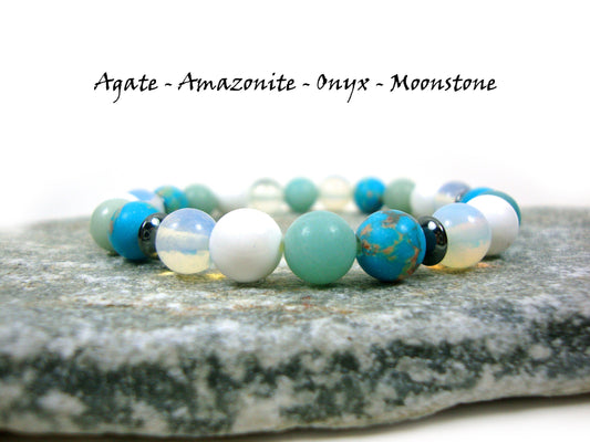 Naturel Bleu Agate-Amazonite-White Onyx-Moonstone Stones 6mm Bracelet extensible, Bracelet de pierres précieuses, Bracelet d'été, Brassard Natur Echt Stein