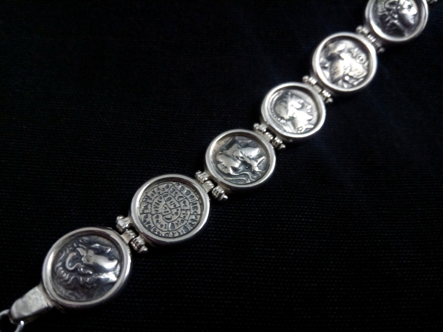 Sterling Silver 925 Ancient Greek Alexander Phaistos Athena Owl Macedonia Sun Coin Bracelet 19cm - 7.41 pouces, Griechischer Silber Armband