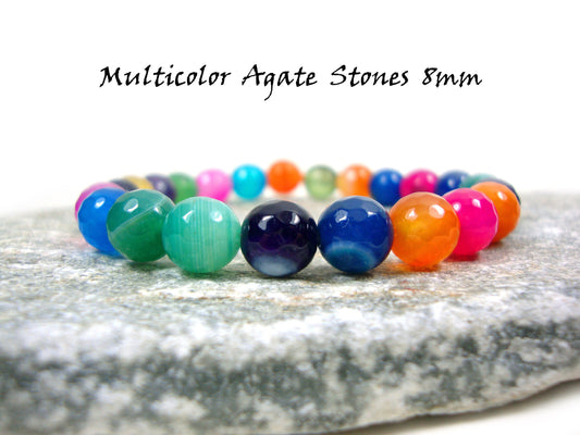 Natural Multicolor Agate Stones 8mm Bracelet, Red Green Blue Purple Orange Pink Agate Gemstone Bracelet, Mens Womens Unisex Gift Bracelet