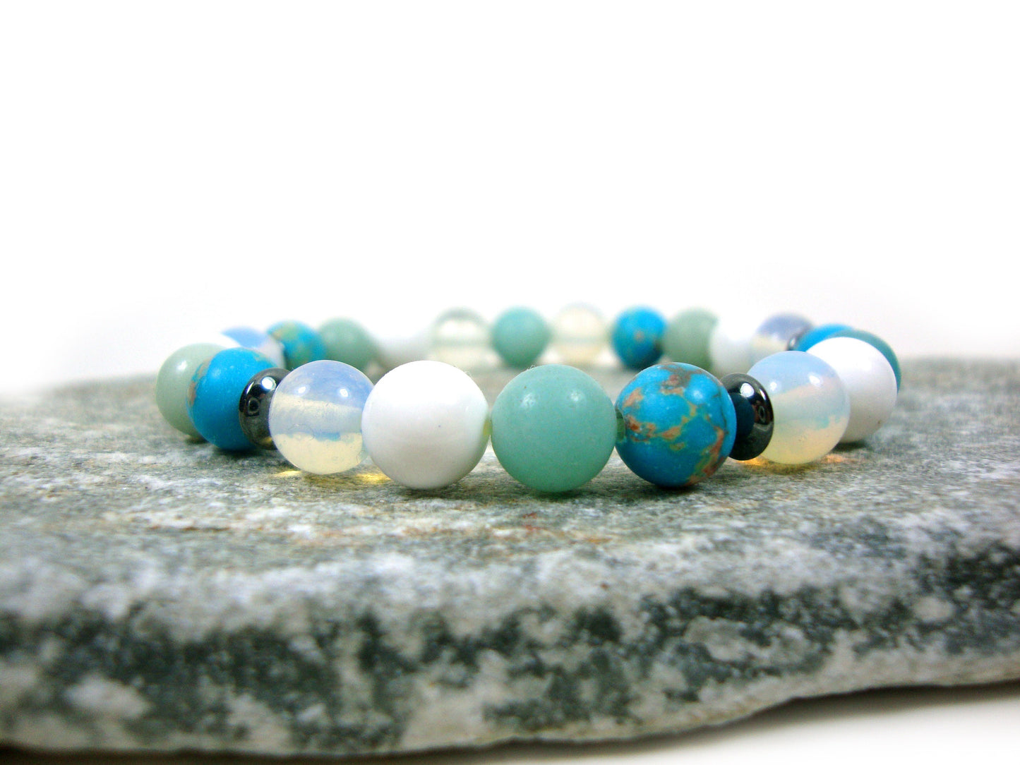 Naturel Bleu Agate-Amazonite-White Onyx-Moonstone Stones 6mm Bracelet extensible, Bracelet de pierres précieuses, Bracelet d'été, Brassard Natur Echt Stein