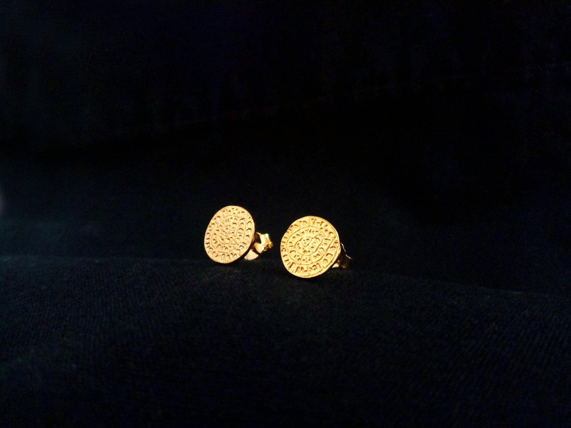 Sale 15% and free shipping for Greek silver Phaistos disc stud earrings which are gold plated as well.