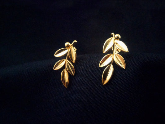 Sterling Silver 925 Greek Olive Leaf Leaves Gold Plated 22K Stud Earrings, Leaf Gold Plated Silver Earrings, Griechische Gold Ohrringe