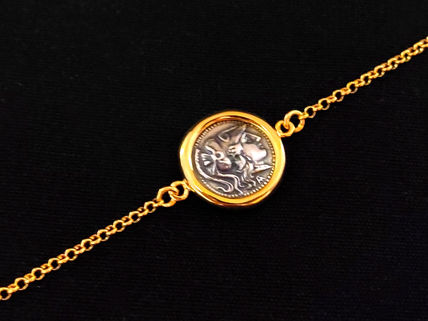 Goddess Athena Gold Plated Silver Chain Coin 17mm Bracelet