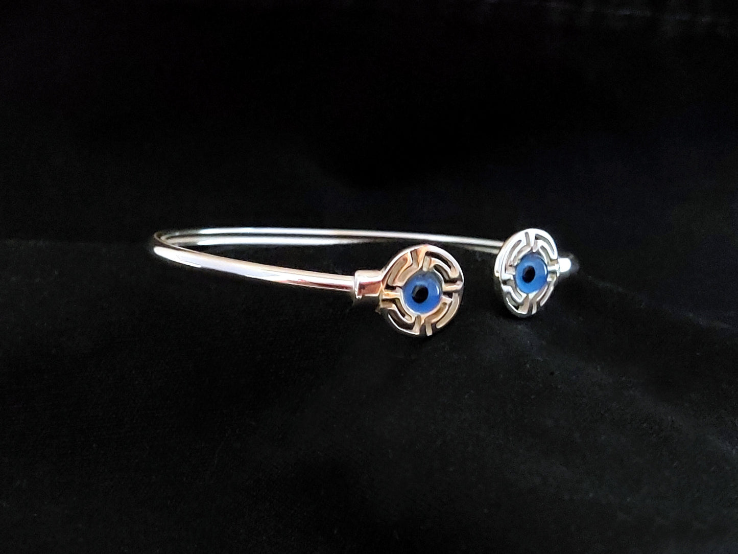 Sterling Silver 925 Ancient Greek Meander Blue Evil Eye Mati Bangle Cuff Adjustable Bracelet , Greek Jewelry, Griechische Silber Armband