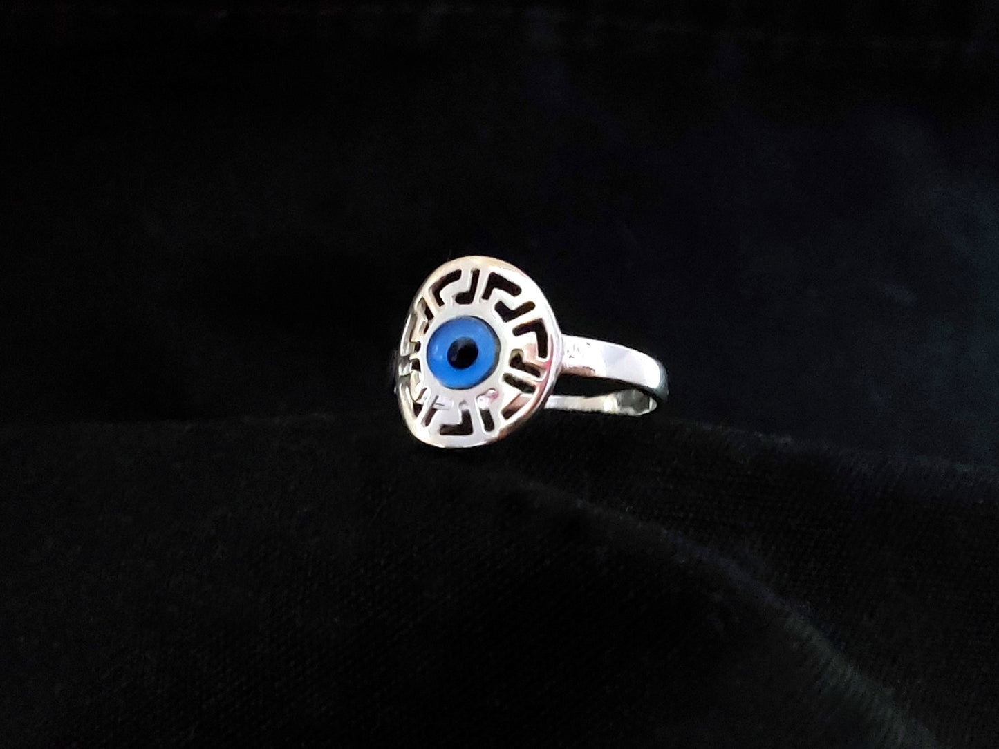 Sterling Silver 925 Ancient Greek Meander Blue Evil Eye Mati Round Ring , Bijoux grecs, Griechische Silber Schmuck, Bague Grecque, Evil Eye