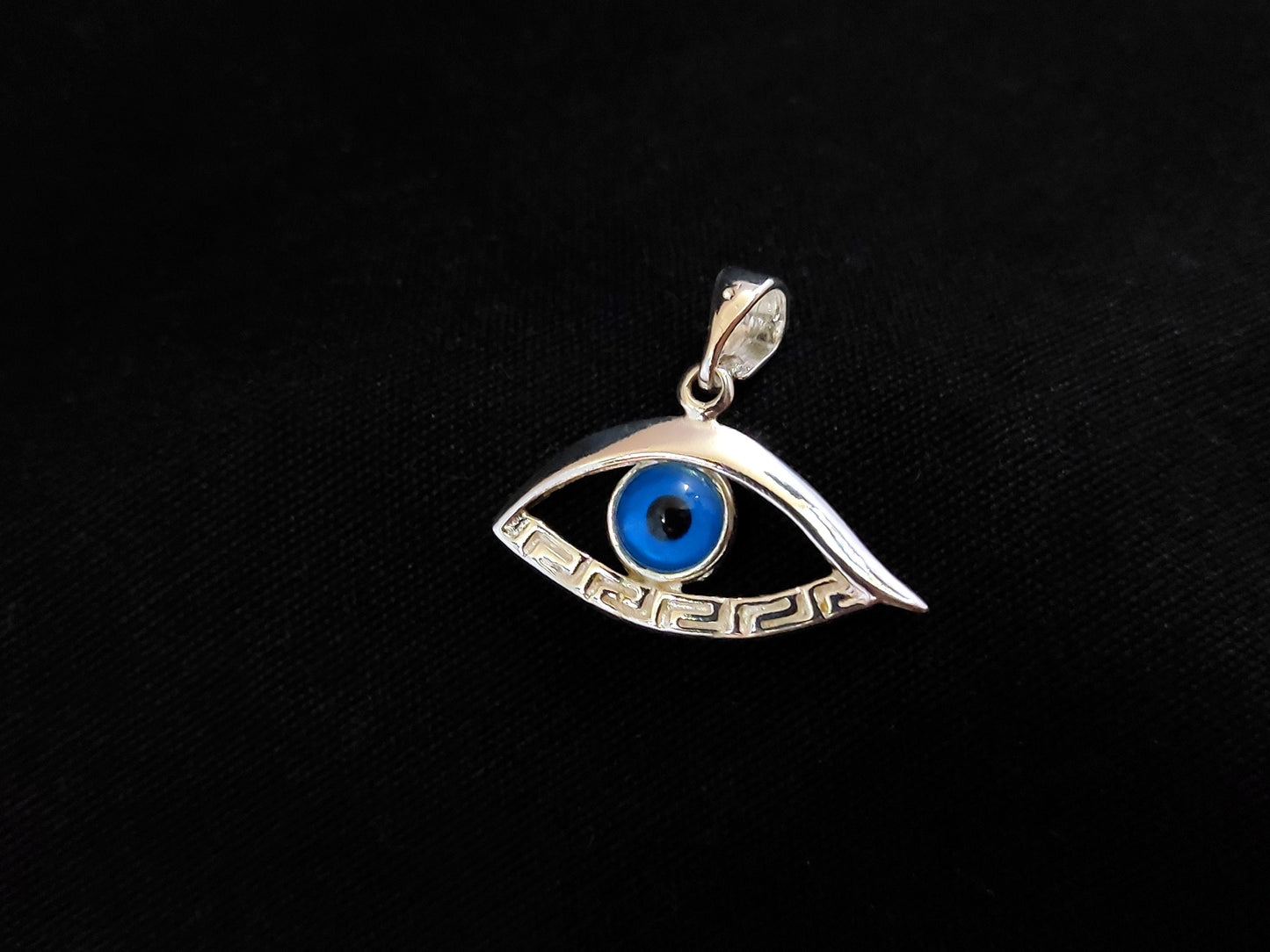 Sterling Silver 925 Evil Eye Greek Key Mati Horus Meander Pendant 25x12mm, Mati Blue Evil Eye Pendant Pendant, Pendetif Grecque Mati