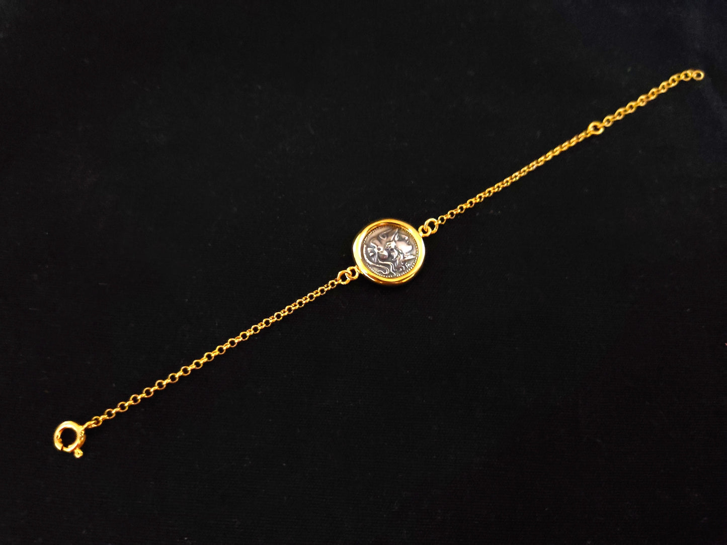 Göttin Athene vergoldetes Silberketten-Münzen-Armband, 17 mm