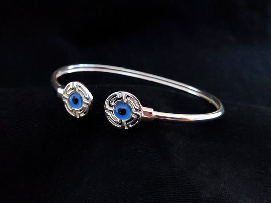 Sterling Silver 925 Ancient Greek Meander Blue Evil Eye Mati Bangle Cuff Adjustable Bracelet , Greek Jewelry, Griechische Silber Armband
