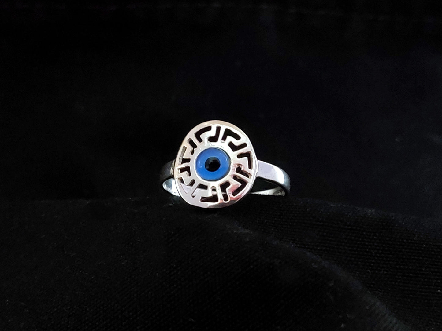 Sterling Silver 925 Ancient Greek Meander Blue Evil Eye Mati Round Ring , Bijoux grecs, Griechische Silber Schmuck, Bague Grecque, Evil Eye
