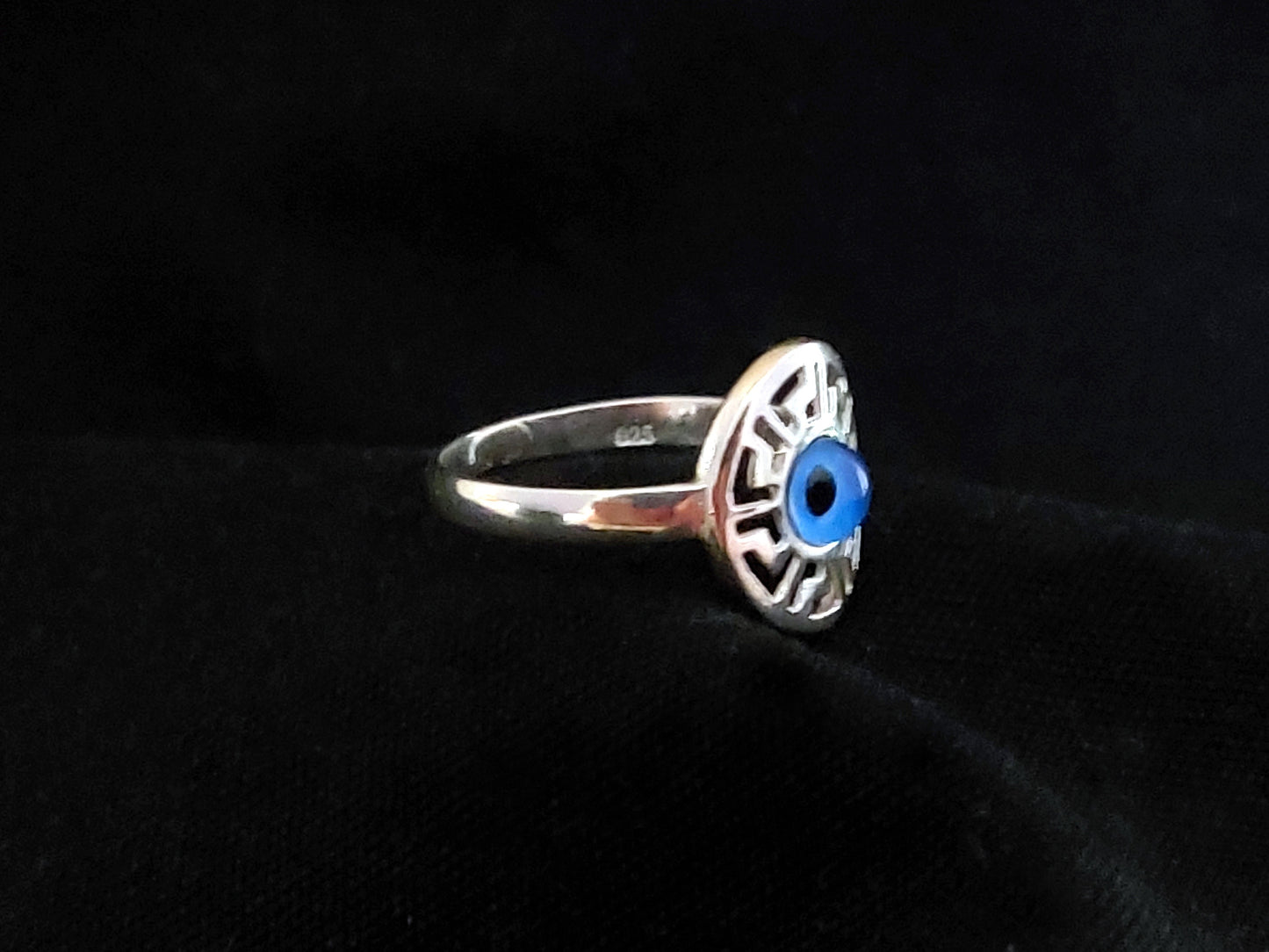 Sterling Silver 925 Ancient Greek Meander Blue Evil Eye Mati Round Ring , Greek Jewelry, Griechische Silber Schmuck, Bague Grecque, Evil Eye