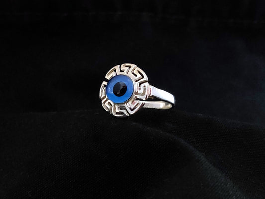 Sterling Silver 925 Ancient Greek Meander Blue Evil Eye Mati 17mm Round Ring , Greek Jewelry, Griechische Ring, Bague Grecque, Evil Eye