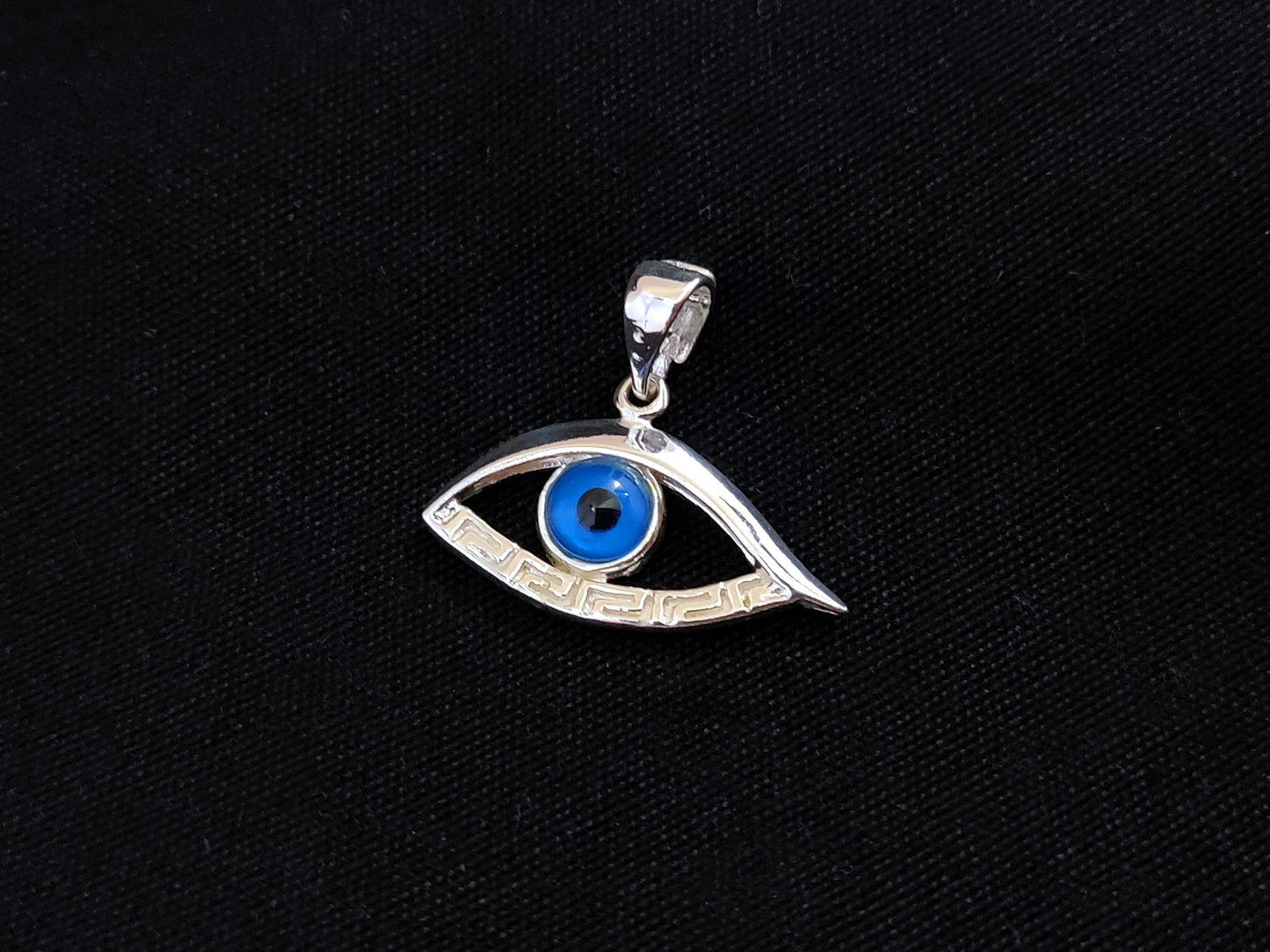 Sterling Silver 925 Evil Eye Greek Key Mati Horus Meander Pendant 25x12mm, Mati Blue Evil Eye Pendant Pendant, Pendetif Grecque Mati