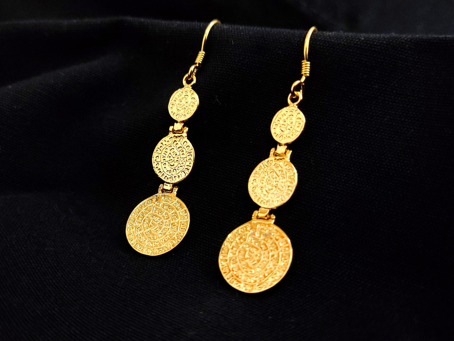 Phaistos Disc Gold Plated Silver Dangle Earrings