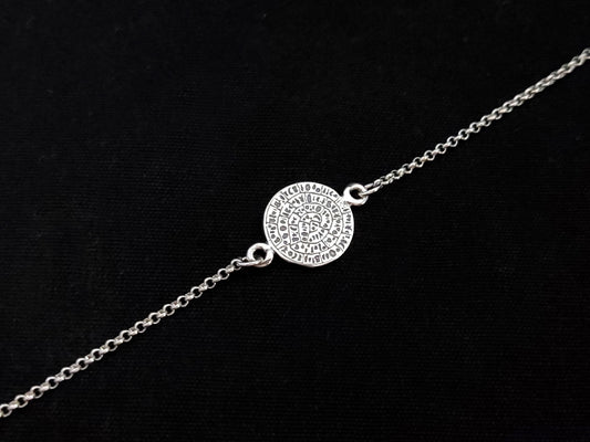 Sterling Silver 925 adjustable bracelet with ancient Greek Minoan Phaistos Disc as centerpiece. Bracelet adjustable from 17-20 cm, 6.63-7.80 inches and 2 mm wide. Disc measures 10 mm in diameter. Hallmarked 925, made in Greece. Free Shipping Included.