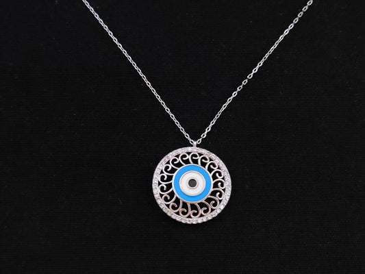 Sterling Silver 925 Greek Evil Eye Mati &amp; Meander Chain Pendant 21mm Necklace, Turquoise Micropave Enamel Evil Eye Jewelry, Good Luck Mati