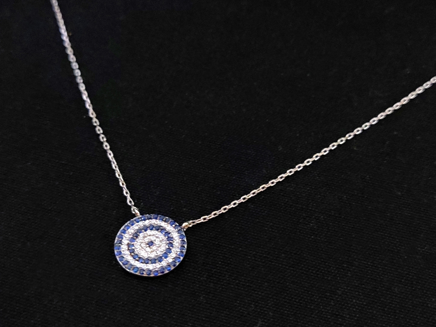 Sterling Silver 925 Greek Evil Eye Mati & Meander Chain Pendant 13mm Necklace, Crystal Stones Micropave Evil Eye Jewelry, Good Luck Mati